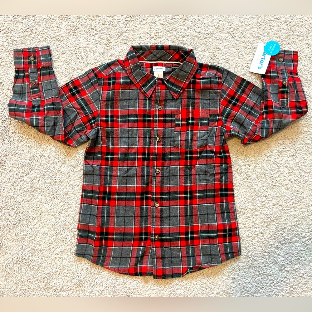 NWT Carters Boys Plaid Flannel Button Down Shirt in Size 7